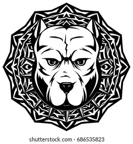 Abstract vector black and white illustration portrait of fighting dogs on round pattern. Head of dog breed pit bull in collar with spikes. 