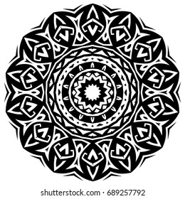 Abstract vector black and white illustration round beautiful ornament. Decorative vintage ethnic mandala pattern. Design element for tattoo or logo.