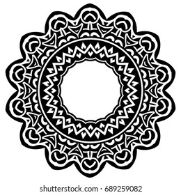 Abstract vector black and white illustration round beautiful tracery frame. Decorative vintage ethnic mandala pattern. Design element for tattoo or logo.