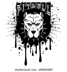 Abstract vector black and white illustration portrait of fighting dogs on grunge background and inscription pitbull. Head of dog breed pit bull in collar with spikes. 