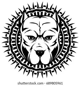 Abstract vector black and white illustration portrait of fighting dogs on round pattern. Head of dog breed pit bull.