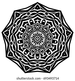 Abstract vector black and white illustration round beautiful ornament. Decorative vintage ethnic mandala pattern. Design element for tattoo or logo.