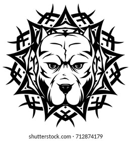 Abstract vector black and white illustration portrait of fighting dogs on round pattern. Head of dog breed pit bull. 