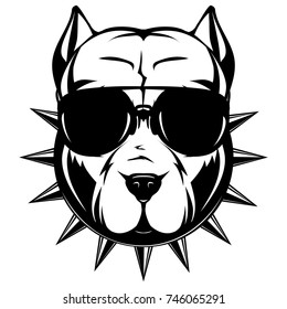 Abstract vector black and white illustration portrait of fighting dogs. Head of dog breed pit bull in sunglasses and collar with spikes. 