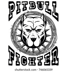 Abstract vector black and white illustration portrait of fighting dogs. Head of dog breed pit bull in collar with spikes on frame of barbed wire. Inscription pitbull fighter.