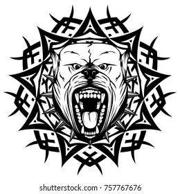 Abstract vector black and white illustration portrait of aggressive dogs on round pattern. Head of dog breed pit bull with open mouth and collar with spikes. 