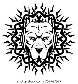 Abstract vector black and white illustration portrait of fighting dogs on round pattrn. Head of dog breed pit bull. 