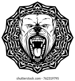Abstract vector black and white illustration portrait of aggressive dogs on round pattern. Head of dog breed pit bull with open mouth and collar with spikes. 