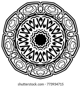 Abstract vector black and white illustration round beautiful ornament. Decorative vintage ethnic mandala pattern. Design element for tattoo or logo.