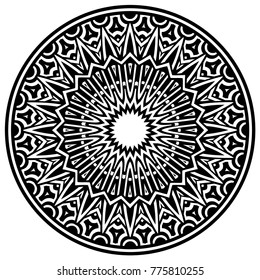 Abstract vector black and white illustration round beautiful ornament. Decorative vintage ethnic mandala pattern. Design element for tattoo or logo.