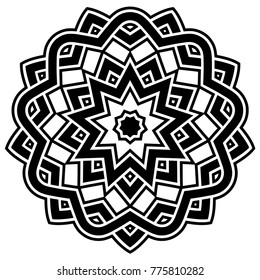 Abstract vector black and white illustration round beautiful ornament. Decorative vintage ethnic mandala pattern. Design element for tattoo or logo.