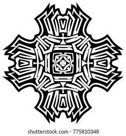 Abstract vector black and white illustration beautiful tracery frame. Decorative vintage tribal cross with patterns. Design element for tattoo or logo.