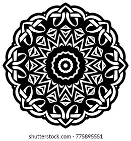 Abstract vector black and white illustration round beautiful ornament. Decorative vintage ethnic mandala pattern. Design element for tattoo or logo.