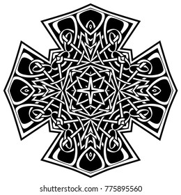 Abstract vector black and white illustration beautiful tracery frame. Decorative vintage tribal cross with patterns. Design element for tattoo or logo.
