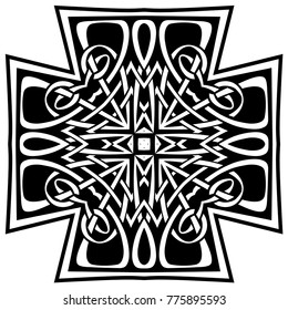 Abstract vector black and white illustration beautiful tracery frame. Decorative vintage tribal cross with patterns. Design element for tattoo or logo.