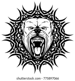 Abstract vector black and white illustration portrait of aggressive dogs on round pattern. Head of dog breed pit bull with open mouth and collar with spikes. 