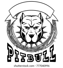 Abstract vector black and white illustration portrait of fighting dogs. Head of dog breed pit bull in collar with spikes on frame of barbed wire. Inscription pitbull.