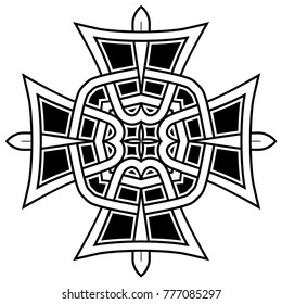 Abstract vector black and white illustration beautiful tracery frame. Decorative vintage tribal cross with patterns. Design element for tattoo or logo.