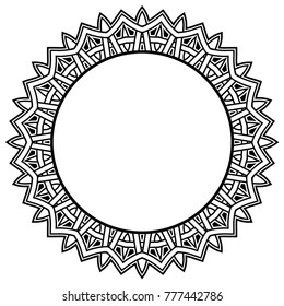 Abstract vector black and white illustration round beautiful tracery frame. Decorative vintage ethnic mandala pattern. Design element for tattoo or logo.