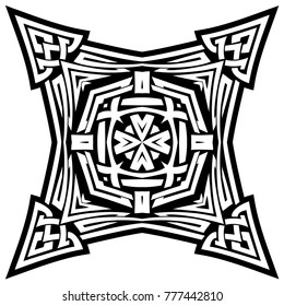 Abstract vector black and white illustration beautiful tracery frame. Decorative vintage tribal cross with patterns. Design element for tattoo or logo.