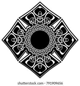 Abstract vector black and white illustration beautiful tracery frame. Decorative vintage tribal cross with patterns. Design element for tattoo or logo.