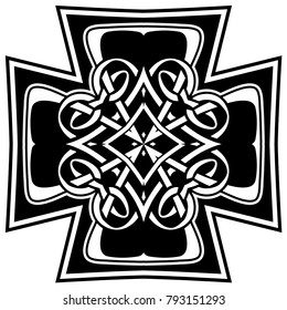 Abstract vector black and white illustration beautiful tracery frame. Decorative vintage tribal cross with patterns. Design element for tattoo or logo.