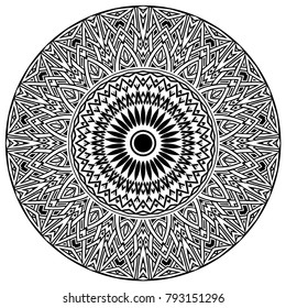 Abstract vector black and white illustration round beautiful ornament. Decorative vintage ethnic mandala pattern. Design element for tattoo or logo.