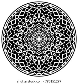 Abstract vector black and white illustration round beautiful ornament. Decorative vintage ethnic mandala pattern. Design element for tattoo or logo.