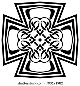 Abstract vector black and white illustration beautiful tracery frame. Decorative vintage tribal cross with patterns. Design element for tattoo or logo.