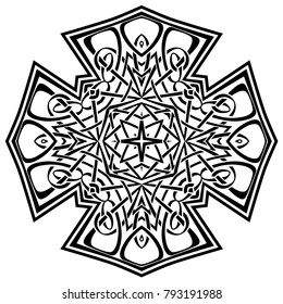 Abstract vector black and white illustration beautiful tracery frame. Decorative vintage tribal cross with patterns. Design element for tattoo or logo.