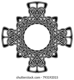 Abstract vector black and white illustration beautiful tracery frame. Decorative vintage tribal cross with patterns. Design element for tattoo or logo.