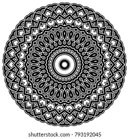 Abstract vector black and white illustration round beautiful ornament. Decorative vintage ethnic mandala pattern. Design element for tattoo or logo.