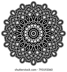 Abstract vector black and white illustration round beautiful ornament. Decorative vintage ethnic mandala pattern. Design element for tattoo or logo.