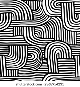 Abstract vector black and white seamless hand drawn texture with striped shapes. Boho art endless background. Contemporary art poster, wallpaper, wall, mural, home textile, bedding, package, fabric. 