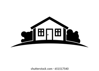 Abstract vector black and white simple house with horizon line. Best for use in graphic design as a corporate symbol. Countryside idea, beautiful village landscape.
