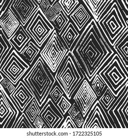 Abstract vector black and white textured hand drawn rhombus seamless pattern. Modern monochrome texture with unique rhomb shapes for textile design, wrapping paper, surface, wallpaper, background