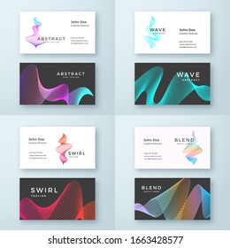 Abstract Vector Blend Wavy Symbol Logo and Business Cards Template Set. Elegant Curved Lines with Bright Colorful Gradient Stationary Layouts Collection. Isolated.