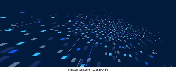 Abstract vector blue background, communication technology concept, dark 3d bits flying in perspective, futuristic abstraction.