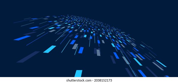 Abstract vector blue background, communication technology concept, dark 3d bits flying in perspective, futuristic abstraction.