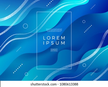 Abstract vector blue background. Composition with fluid  shape, stipple waves and frame for text or message.