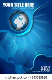 Abstract vector blue background with continents and globe for brochure 