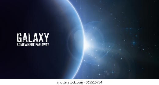 Abstract vector blue background with planet and eclipse of its star. Bright star light shine from the edge of a planet with a protuberance. Sparkles of stars on the background. 