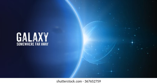 Abstract vector blue background with plant and eclipse of its star. Bright star light shine from the edge of a planet with a protuberance. Sparkles of stars on the background. 