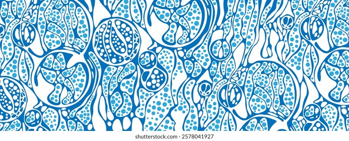 Abstract vector blue background  texture chaotic wave, particles, circles. Imitation cellular structure, information network, style of neurography. Banners technology, business, medicine, presentation