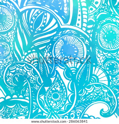 Abstract vector blue background with watercolor texture and doodle waves