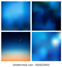 Abstract vector blue blurred background set. 4 colors set. Square blurred backgrounds set - sky clouds sea ocean beach colors With love quotes