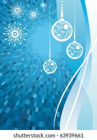 Resumen vectorial fondo de navidad azul con olas, copos de nieve y bolas de navidad
