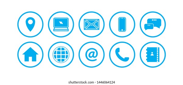 abstract vector blue icons. location, home, computer, internet, mail, at sign, mobile, phone, message, contact