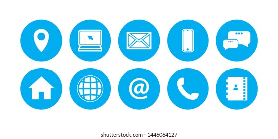 abstract vector blue icons. location, home, computer, internet, mail, at sign, mobile, phone, message, contact