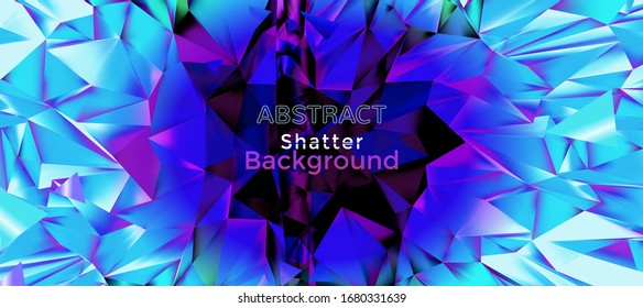 Abstract vector blue purple ice crystal holographic shatter polygonal in retro style with dark space for text copy background